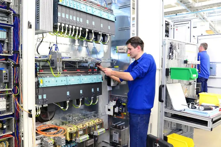 Ein Mann arbeitet an einem Schaltschrank. Er ist im Bereich Schaltschrankbau tätig.