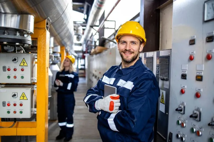 Auch wenn jeder eigenverantwortlich arbeitet, sind wir doch ein Team, bei dem jeder seinen Teil beiträgt. Das ist unsere Philosophie. Der Mann auf dem Bild steht mit seinem Helm vor einer Schaltanlage und ist glücklich.